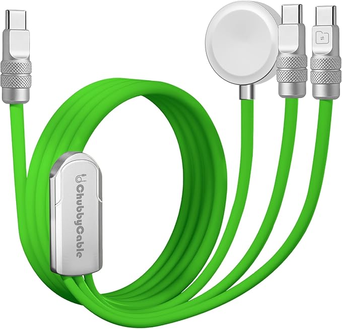 chubbycable Tri-Flex 3 in 1 USB C Cable for Apple Watch Charger Silicone 100W Multi Charging Cable Fast Charge Compatible with iPhone 17-15 Series Apple Watch iPad MacBook AirPods, 4.1FT, Green
