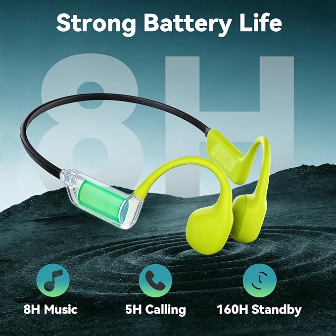 Bone Conduction Swimming Headphones, IPX8 Waterproof Open Ear Headphones with 8GB MP3 Player, Bluetooth 5.4 Wireless Headphones for Swimming, Pool Training & Underwater Sports, Green