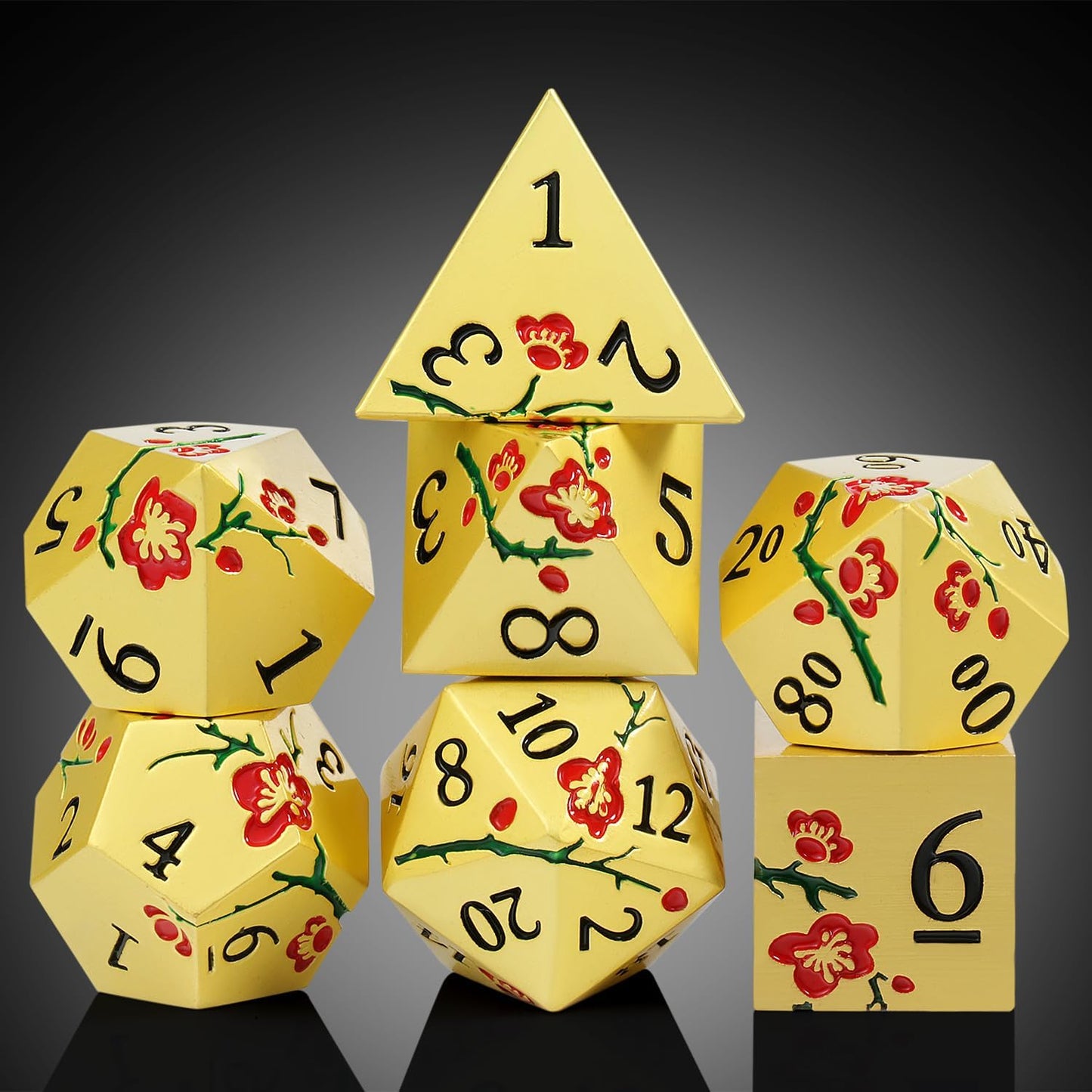 DNDND Flowers Metal Dice, 7 PCS Metallic DND Dice with Gorgeous Gift Case for D&D Dungeons and Dragon Tabletop Game (Red Flowers with Gold)