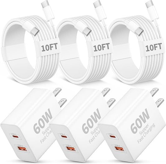 iPhone 17 16 15 Pro Max Charger Fast Charging, 3 Pack 60W Dual Port USB C Wall Charger Block with 10FT Long Type C Charging Cable Cord for iPhone 17/17 Pro Max/17e/16/15/Pro/Plus, iPad Pro 13/12.9/11