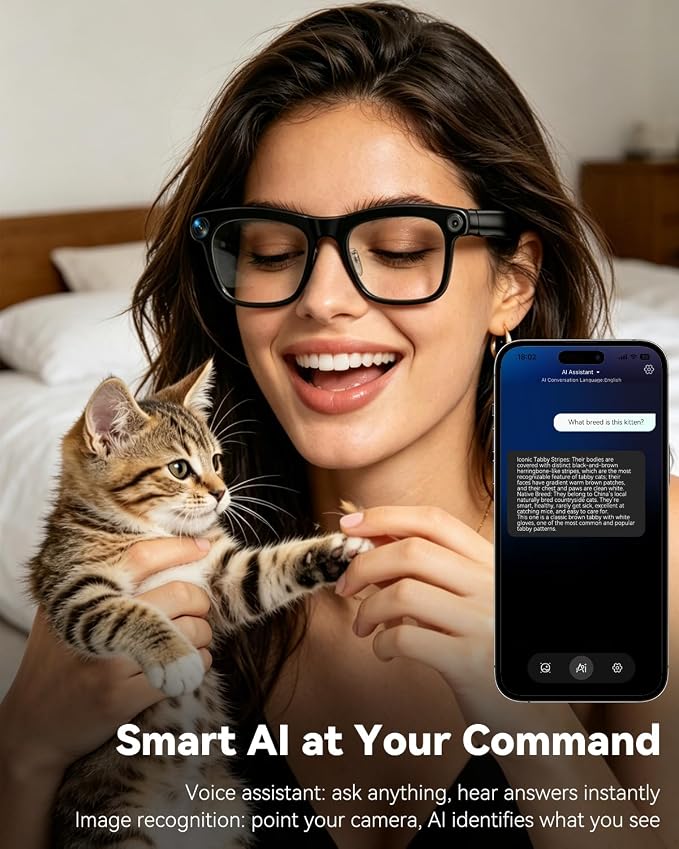 Smart Glasses with Camera, 4K HD Anti-Shake, Real Time Translation, AI Voice Assistant, Object Recognition, Smart Glasses for Women, for Travel/Meetings/Vlog（ Photochromic + Sunglass Lenses）