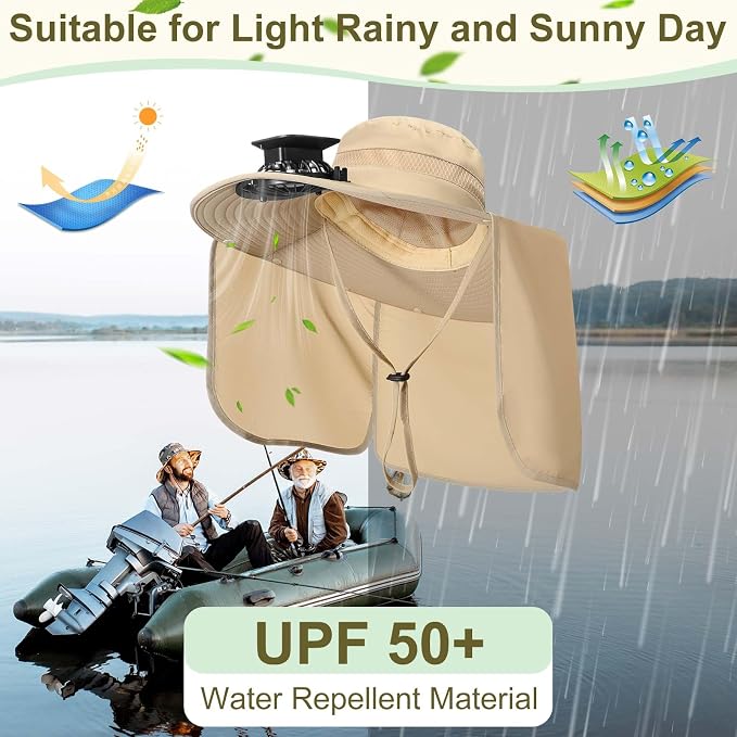 Maiteenly 2 Pcs Solar Fan Hat for Men with Neck Flap Bucket Fan Buit in Hats for Hiking Fishing Outdoor USB and Solar Powered