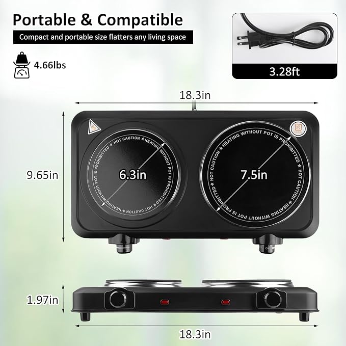 Infrared Dual Burner, 1800W Portable Electric Hot Plate with 7.5” & 6.3” Glass Cooktop, Stepless Temperature Control Countertop Stove for Home RV Camp, Dual Hot Plates