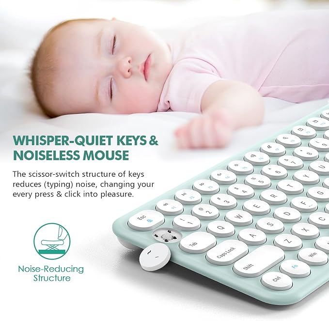 Wireless Keyboard and Mouse, XTREMTEC Compact Full Size Cute Keyboard Retro Round Keycap - 2.4GHz Ultra-Slim Quiet Aesthetic Keyboard for Laptop iMac Windows Computer (Macaron Green A)