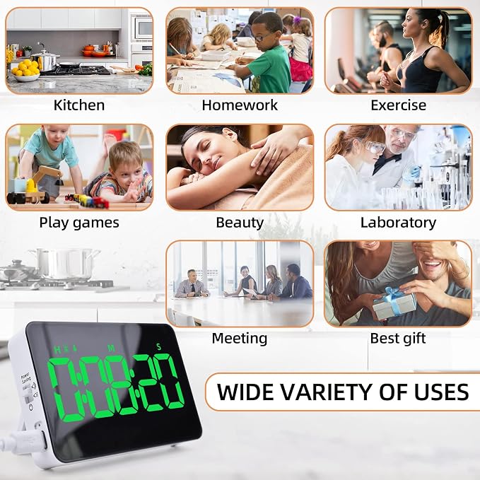 Rechargeable Digital Kitchen Timer for Cooking, Magnetic Timers with Countdown/up, Kids Timer with 5”LED Display 3 Brightness 4 Volume Adjustable for Classroom/Office/Home/Work/Fitness/Game(Green)