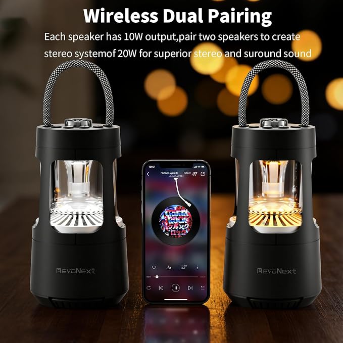 Revonext Camping Lantern Bluetooth Speaker, Outdoor Waterproof Wireless Speaker with Dual-Color Ambient Light, Bluetooth 5.3 Portable Speaker with TWS Stereo for Camping Hiking Patio Backyard