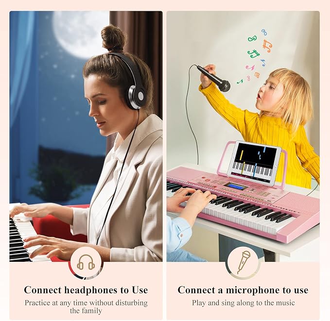 Eastar Electronic Keyboard Piano Kit 61 Key for Beginner, Children Digital E Piano with Stand, Bench, Music Stand and Microphone, Pink, Musical Instrument Birthday Gifts for Kids Girls Daughter