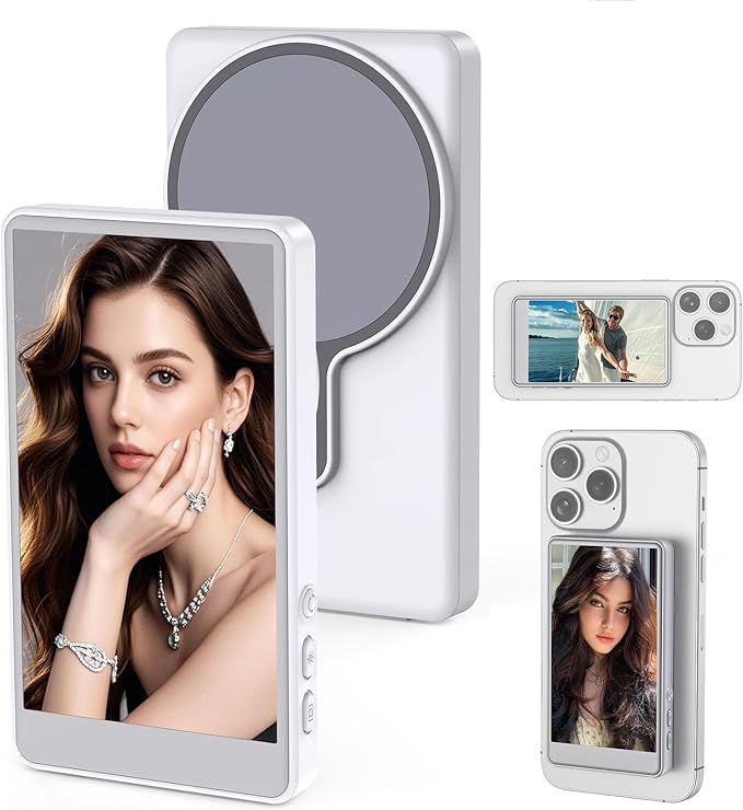 Vlog Selfie Monitor Screen for Phone, Rear Camera for Selfie Vlog Live Stream, Magnetic Mount Wireless Connection Compatible with iPhone (NOT Support 17)