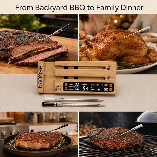 BBQOVN WiFi Sub-1G Wireless Meat Thermometer Unlimited Range 7 NIST Certified Sensors with Ambient Temp 2 Temp Monitoring Ways Digital Smart Base and App for BBQ, Smoker, Grill, Oven (Dual Probes)