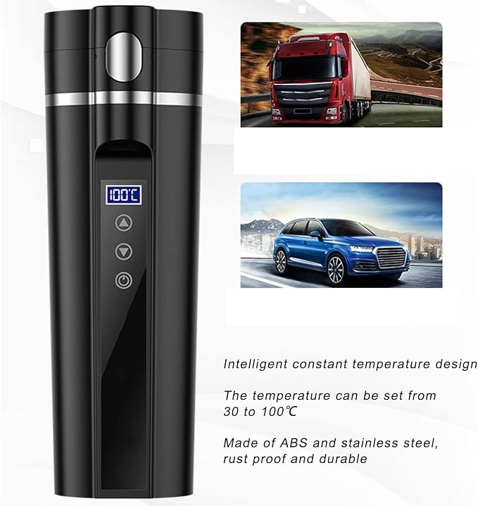 450ml Car Electric Kettle, 12V/24V 30-100℃ Adjustable Portable Water Boiler Heated Mug Car Heating Cup Coffee Warmer with Cigarette Lighter and Tea Filter for Truck RV Travel Camping Road Trip