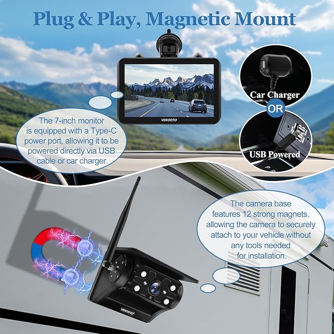 VEKOOTO VK7 Magnetic Solar Wireless Backup Camera, 7'' IPS Touchscreen Monitor HD1080P No Wiring 15,000mAh Rechargeable Camera System for Hitching Gooseneck Horse Trailer RV Camper Car Truck