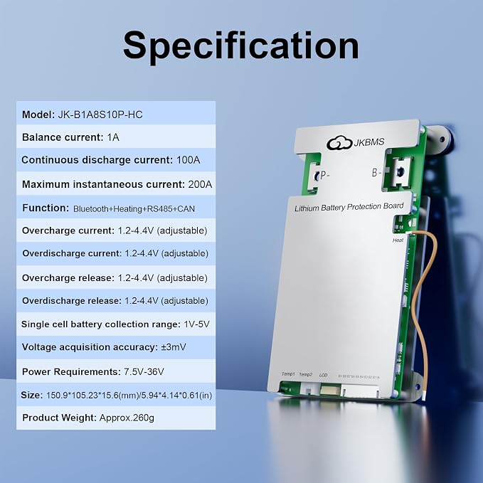 JKBMS Smart BMS 3S-8S 100A 1A Active Balancer JK-B1A8S10P-HC | JK BMS for LiFePO4 Li-ion LTO batteries with Bluetooth RS485 CAN heating function and multi protection