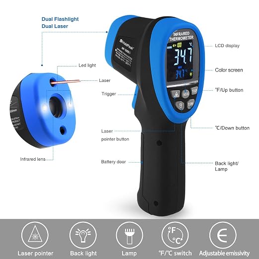 HOLDPEAK IR Thermometer with Color LCD Display -58℉~3272℉ D:S=50:1 Non-Contact Thermometer Gun, Nine Laser Pointer Adjustable Emissivity for Cooking, Grill, Industrial