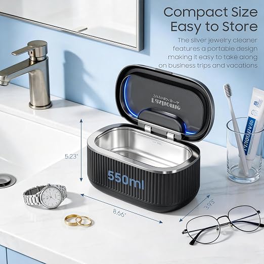 Ultrasonic Jewelry Cleaner, 45kHz Retainer Cleaner Machine for Ring, Silver, Glasses & Denture with 2x100ml Solution, 3 Power & 5 Timer, 304 Stainless Steel Tank, Sonic Cleaner for Home, Jewelry Store | 45kHz ultrasonic jewelry cleaner with 3 power lev...