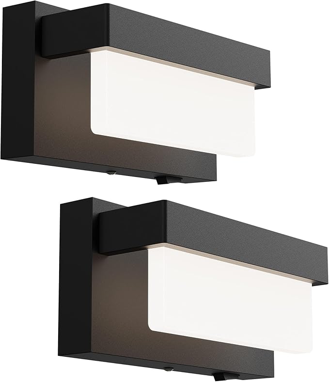 Switched LED Wall Sconce Set of 2, Indoor 8 inch 12 Watt 4000K Wired Black Wall Mounted Sconce Light with On/Off Switch, Frosted Arcylic Shade Sconces for Bedroom Living Room Bathroom Kitchen Hallway