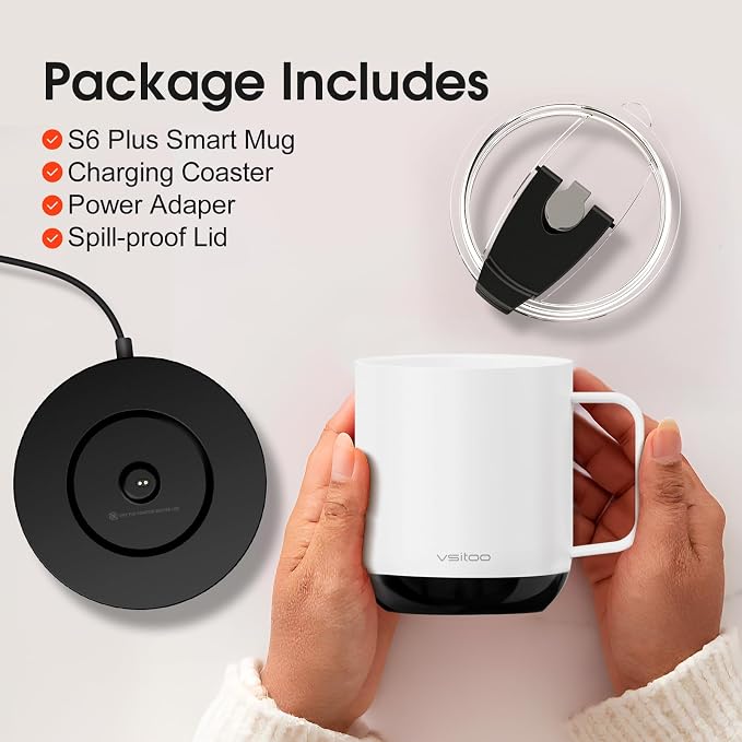 Vsitoo S6 Plus 12oz Smart Self Heating Coffee Mug, AI Auto-Sensing Heated Espresso Mug Temp Control 120-150℉, Rechargeable Mug Warmer with Music LED, IPX7 Gift for Women Men- White