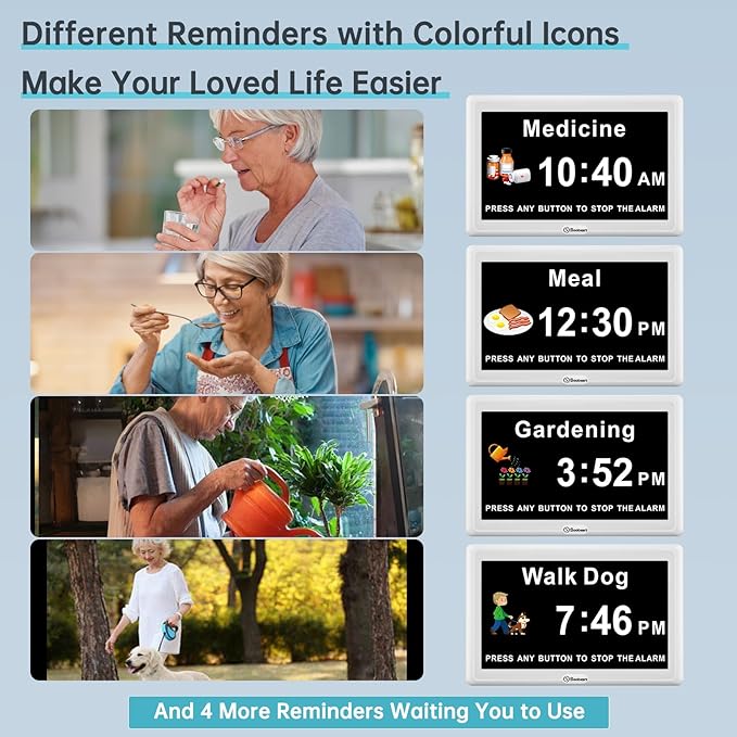 Soobest Dementia Digital Clock for Seniors Elderly, 20 Alarm Reminders 3 Ringtones for Memory Loss Alzheimers, Electric Time Date Day Large Display Calendar Clock, Auto DST, 1024 * 600P HD