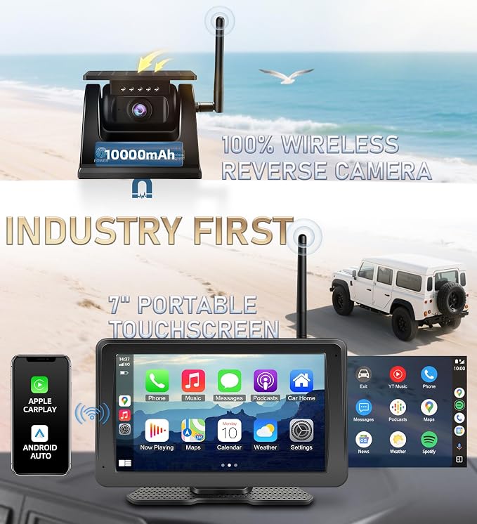 Wireless Backup Camera for Truck RV - 7" Portable Apple CarPlay Android Auto Touchscreen Monitor - 10000mAh Solar Magnetic Rear View Camera for Pickup, Trailer, Camper Van, Fifth Wheel, Box Semi Truck