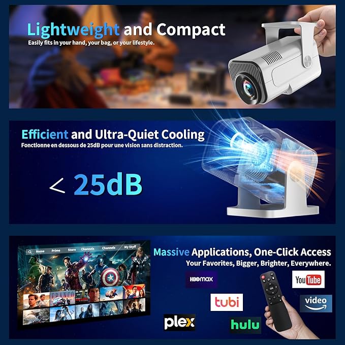 [Projector 2026 Upgraded] Mini Projector Support 4K 1080P Auto Keystone 270°Rotatable with WiFi 6 and Bluetooth 5.2 Projector Portable Compatibile with HDMI/TV Stick/Memory Stick/Laptop,White