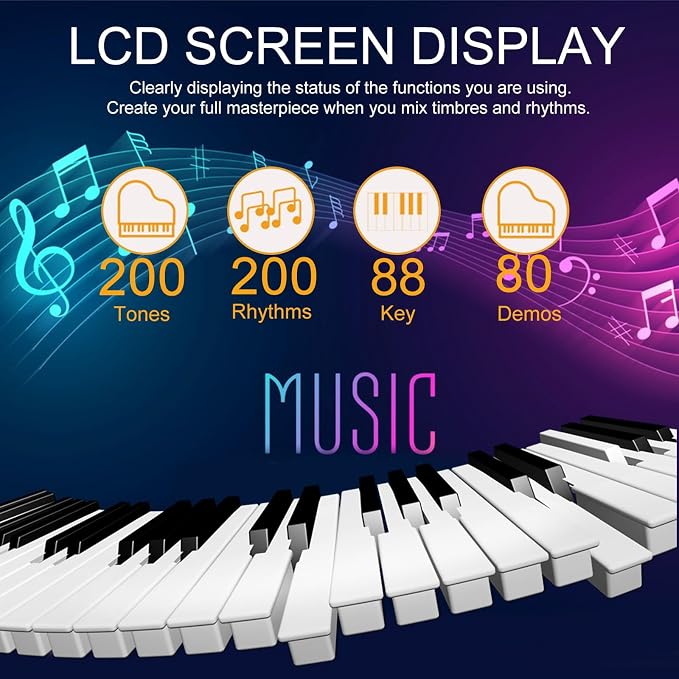 88 Key Digital Piano, Semi Weighted Electronic Keyboard Piano with Music Stand, Power Supply, Sustain Pedal, Bluetooth, Carrying Case, Headphones, USB-MIDI Compatibility, for Beginner Professional