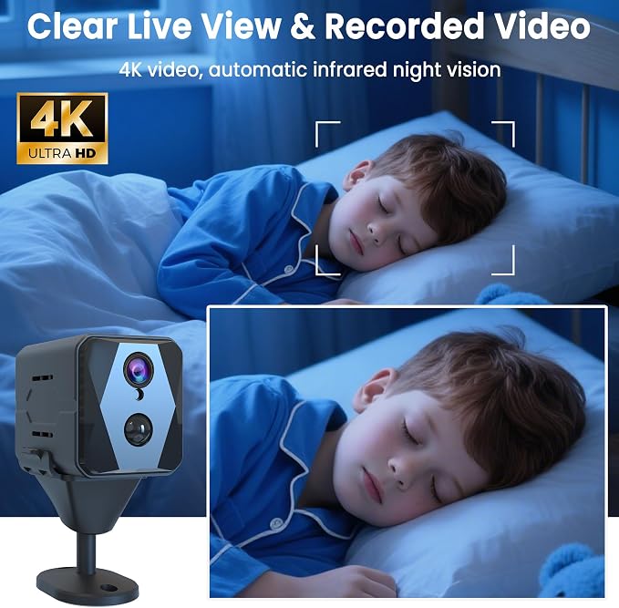 vebiliki Spy Camera, 4K Hidden Camera, Mini Camera, Real-Time Recording, AI Motion Detection, Support Cloud & TF Storage, Auto Night Vision, WiFi Cameras for Home Security, 2.4G WiFi Only