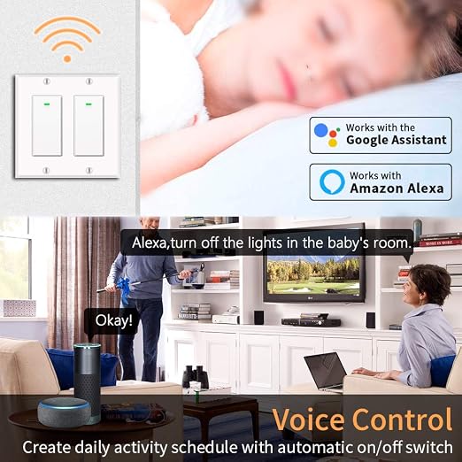 Micmi Smart light switch 2gang, Works with Alexa, Compatible with Google Assistant, No Hub Required, Smart Home WiFi Wireless, Suit for 1/2/3/4 Gang Switch Box, Neutral Wire Required, White 4pack