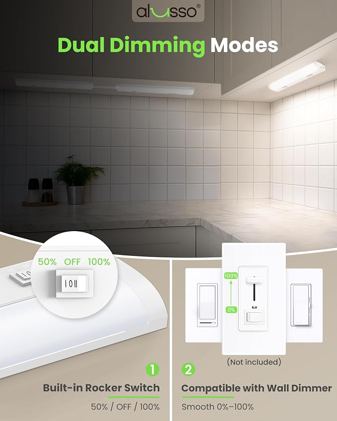 ALUSSO 12 Inch LED Under Cabinet Lighting Hardwired 120V, 5CCT Color Selectable 2700K-5000K Dimmable 6W 480LM High Brightness, CRI 90+ Strip Linkable Under Counter Lights for Kitchen Sink, 2 Pack