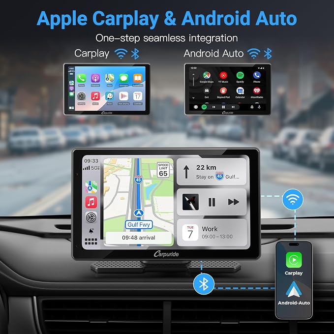 Carpuride W703 Wireless CarPlay for Apple CarPlay & Android Auto, 7" IPS Portable Car Audio Receivers with 4K Front and 1080P Backup Cam, Loop Recording/Mirror Link/Light & G-Sensor/Siri/Navigation/FM