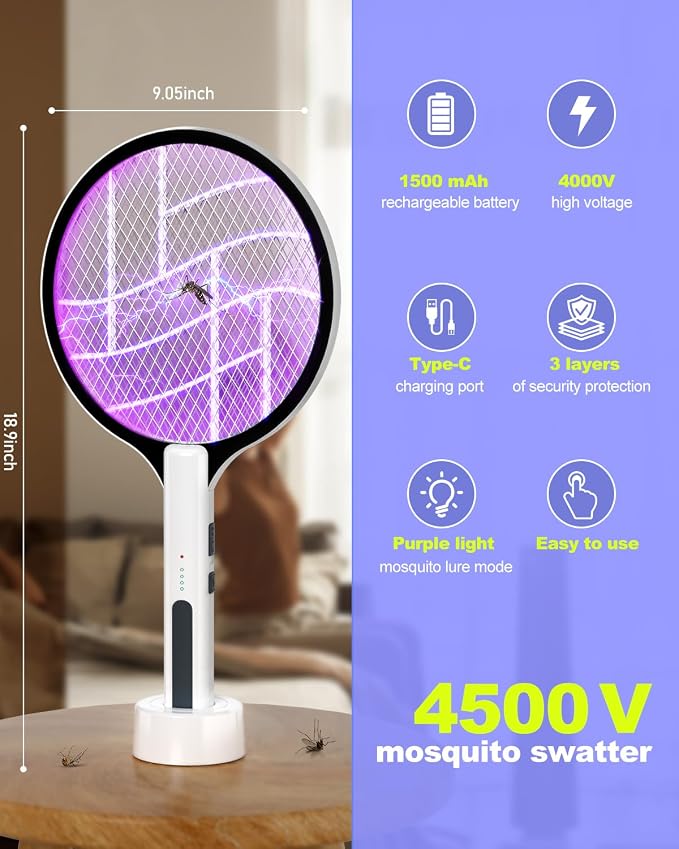 2PACK Electric Fly Swatter 4500V Bug Zapper Racket, 2 in 1 Handheld Fly Zapper & Purple Mosquito Killer Rechargeable and 3-Layer Safety for Indoor Home Office Backyard Patio Camping