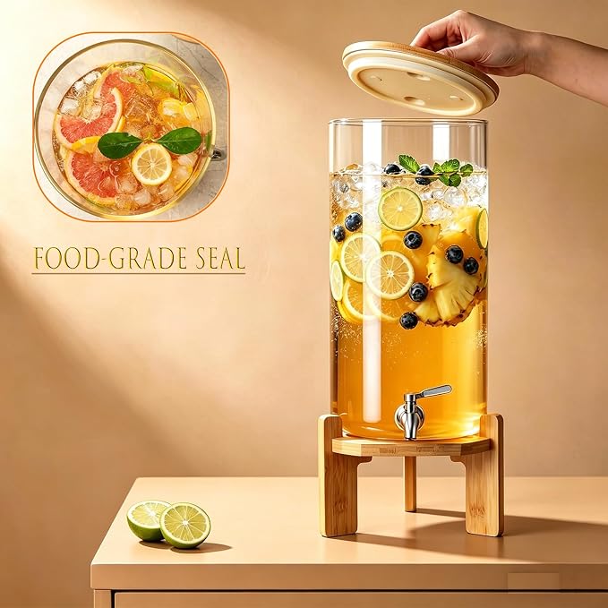 Beverage Dispenser,3Gallon Glass Drink Dispenser with Stand, Stainless Steel Spigot, Ideal for Parties, Bars, Restaurants (11L/3Gallon)