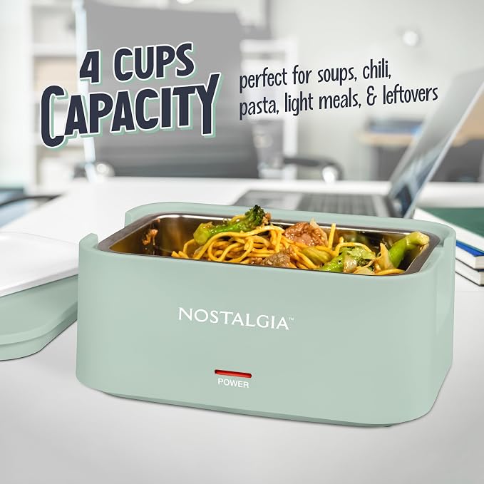 Nostalgia 32-Ounce Heated Electric Lunch Box – Travel Size 4 Cup Capacity for Soup, Pasta, and Leftovers – Leak-Proof Silicone Sealed Lid, Foldable Carry Handle, Detachable Cord – Sage