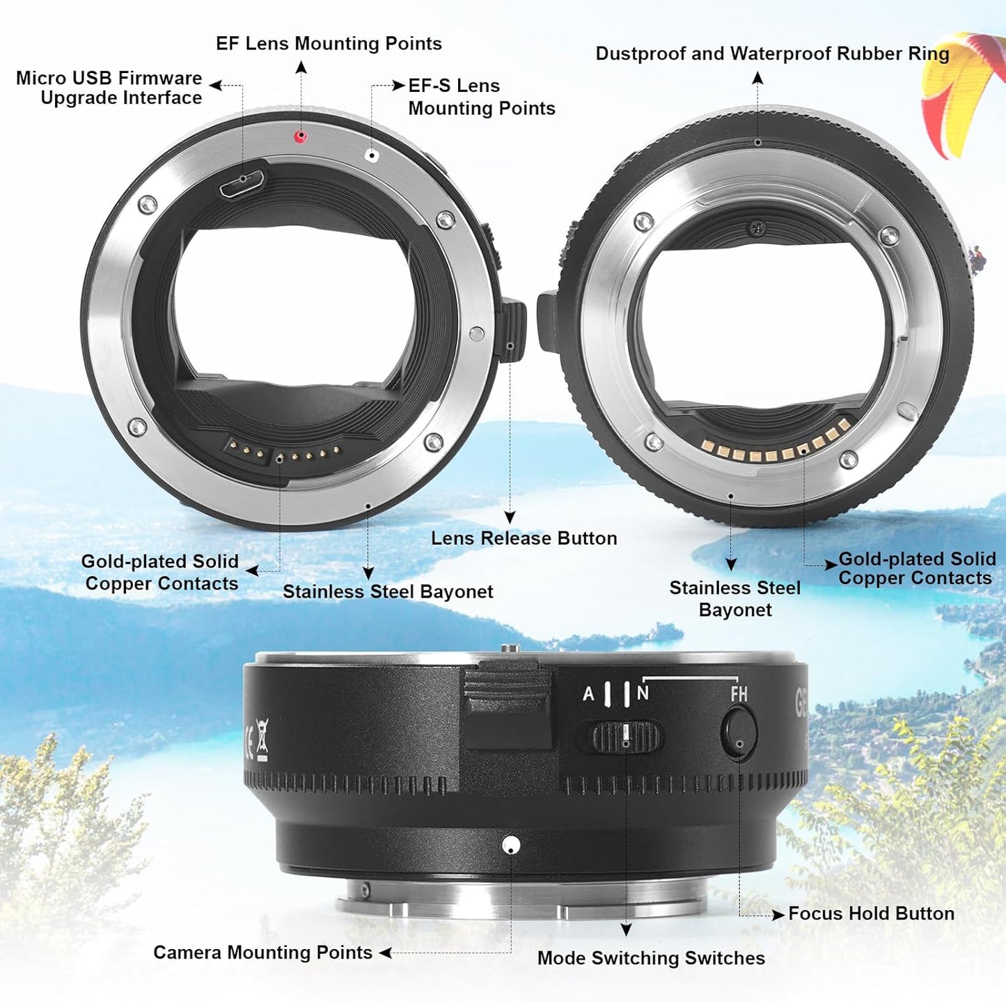 GEORDGY Lens Mount Adapter, EF-SE Pro for Canon EF/EF-S Lenses, Compatible with Sony E-Mount Series Cameras, Custom Assignable Functions to Focus Lock Button
