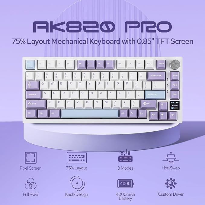 EPOMAKER Ajazz AK820 Pro 75% Wireless Mechanical Keyboard with TFT Smart Display&Knob, Gasket-Mounted Gaming Keyboard, BT/2.4GHz/USB-C Wired (Purple, Flying Fish Switch)