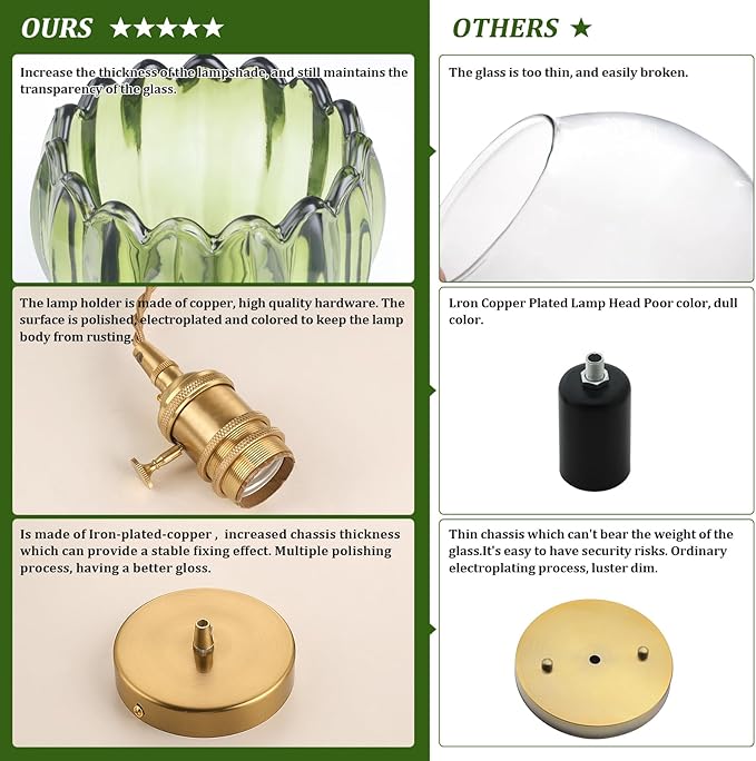Shenmoyl Pendant Light with Green Tulip Glass Lmapshade, Brass Vintage Pendant Light Adjustable Hanging Light for Kitchen Island Dining Room Hallway