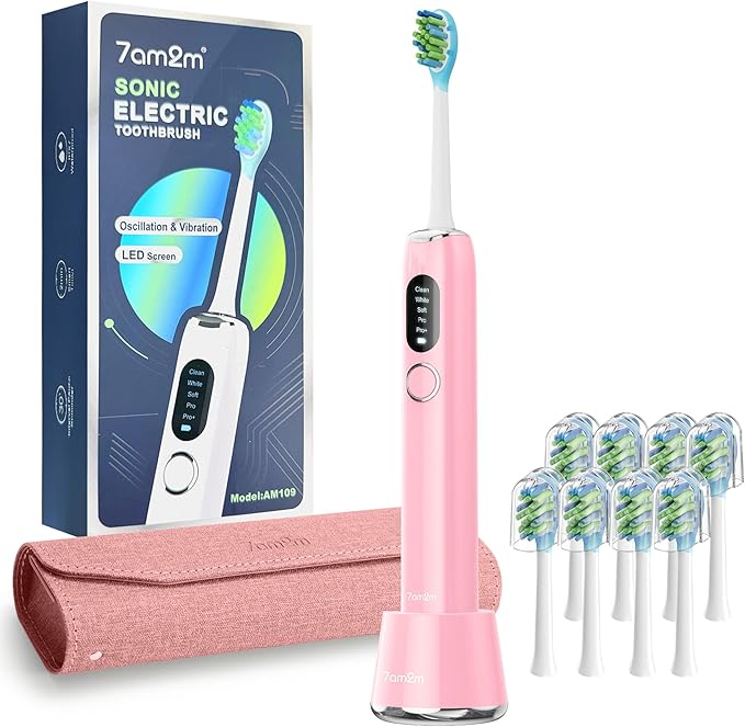 7AM2M Sonic Electric Toothbrush for Adults&Teens with LED Screen, 5 Modes, One Charge for 365 Days, 2 Minute Timer, with 8 Brush Heads and Travel Case (Pink)