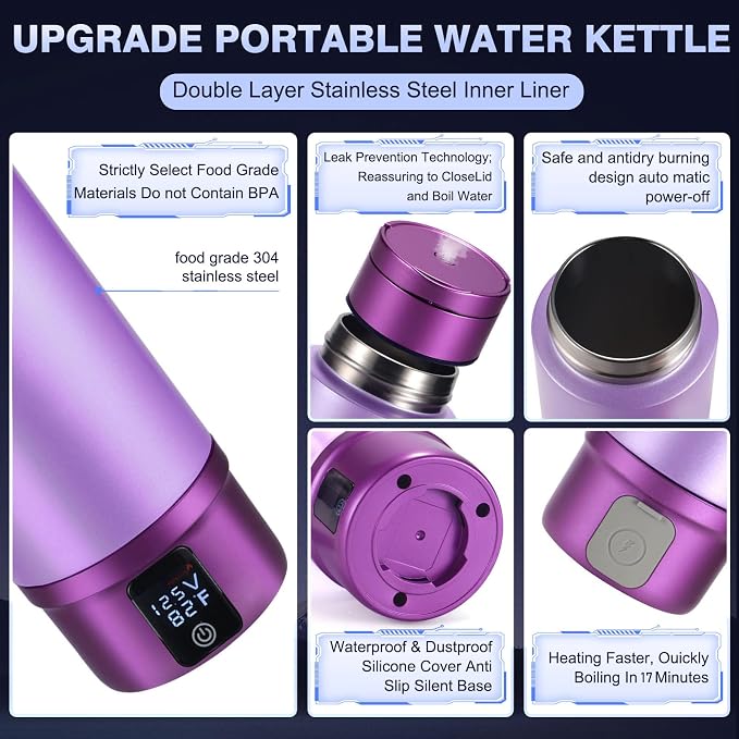 Vacuum Insulated Car Electric Kettle, Miicasa Stainless Steel Tumbler Car Water Heater,12V/24V Water Boiler with 6 Temperature and Auto Shut-Off Boil Dry,16oz