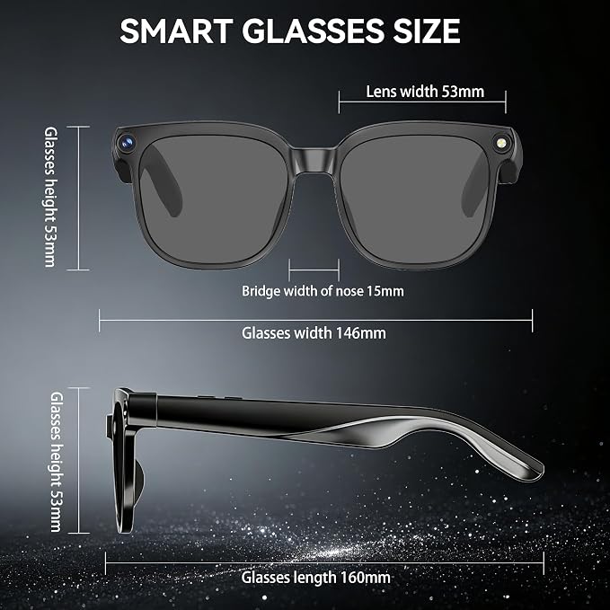 AI Smart Glasses with Camera,8MP Camera Glasses,1080P Anti-Shake Video Recording, Real Time Translation,AI Voice Assistant,Object Recognition,Bluetooth Sunglasses for Men Women(Black Lenses)