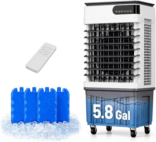 Evaporative Air Cooler, 5.8 Gal Portable Swamp Cooler,3 Speeds, 120° Oscillation, 1–12H Timer, Remote, 4 Ice Packs, for Patio, Garage, Bedroom, Small Room