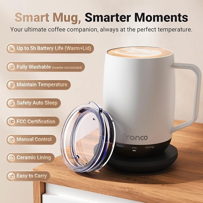 Tronco Temperature Control Heated Coffee Mug 14 oz – Rechargeable Self-Heating Coffee Cup with Lid – Manual Control, 3 Modes, 130 Min Battery Life, Auto Shut-Off (Rose)