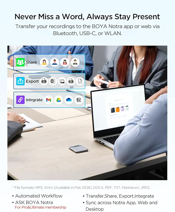BOYA Notra AI Voice Recorder,Ambient/Phone Call/Bluetooth Capture, AI Transcription&Smart Summary, Support 140+ Languages, 64GB Storage, Magnetic Note Taker for Meetings,Lectures,Interviews(Sliver)
