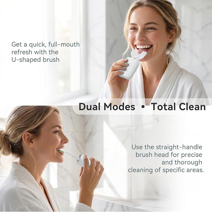Sonic Electric U Shaped Toothbrush for Adults, Automatic Full Mouth Cleaning Toothbrush, 360° Stain Removal, IPX7 Waterproof Rechargeable, 3 U-Shape & 2 Straight Brush Heads (White)