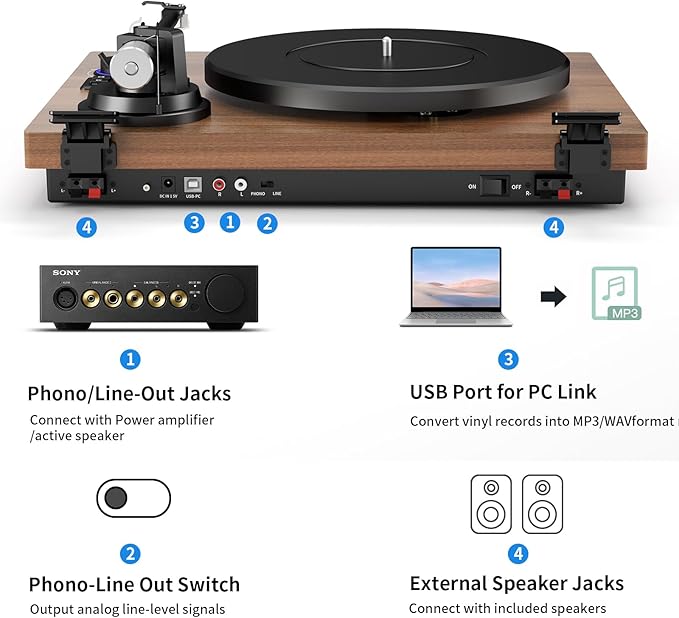 FEKTIK Record Player with Magnetic Cartridge, Bluetooth Belt Drive Vinyl Turntable High Fidelity System with 36 Watt Bookshelf Speakers, Built-in Phono Preamp, USB Recording and Auto Stop