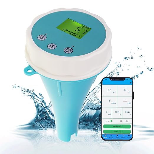 Floating Smart Digital Pool Thermometer - 6-in-1 Bluetooth Water Meter, IP67 Waterproof, Tests EC, Salinity, pH, ORP, Temperature, Chlorine for Swimming Pools, Hot Tubs, Ponds