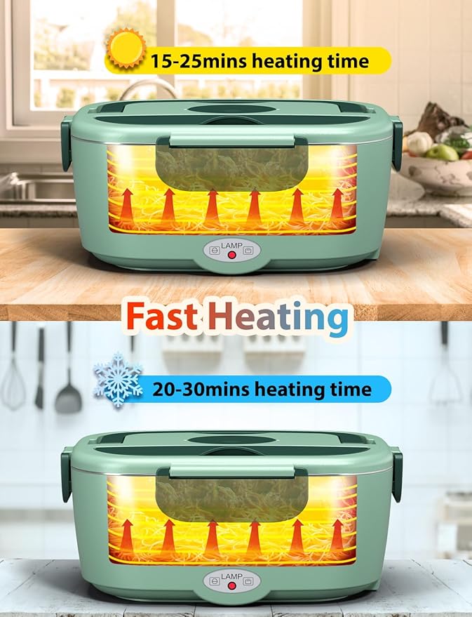 Sitlais Electric Lunch Box for Adults - Fast Heating Portable Food Warmer with 2 of 53oz 304 Stainless Steel Containers 12V/24V/110V Heated Lunch Box for Men&Women Work Office Truck Travel lonchera