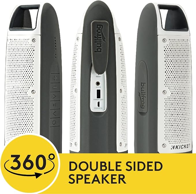 KICKER Bullfrog BF100 Bluetooth Portable Outdoor Speaker | 360° Sound Field | Waterproof Dustproof Casing IP67 Rating | Powerful 16 Watt AMP | 100 FT Wireless Range Gray
