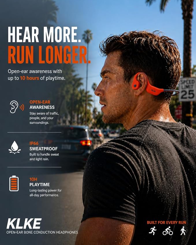 Open-Ear Bone Conduction Headphones for Running, Bluetooth Sports Headphones with Rear Safety Light, Dual Modes, Adjustable Fit, IP66 Waterproof, Mic, 10H Playtime for Gym Cycling