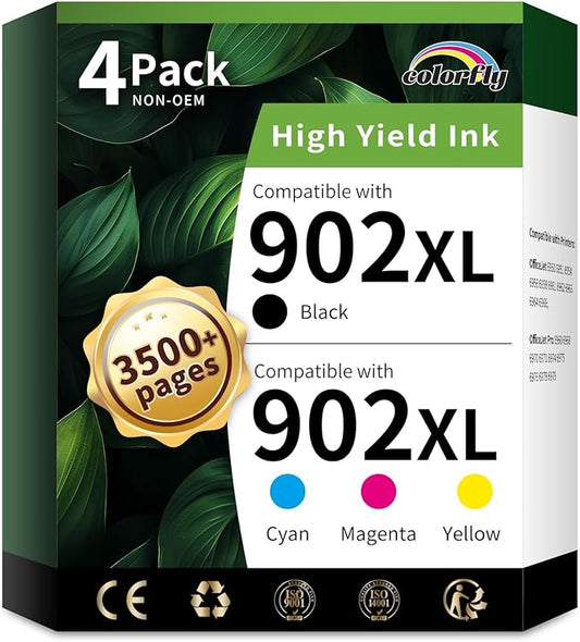 colorfly Compatible 902XL Ink Cartridges Replacement for 902 XL Ink Cartridges Combo Pack Officejet Pro 6978 Inks Use with OfficejetPro 6968 6970 OfficeJet 6962 6958 (902XLBK, 902C, 902M,902Y)