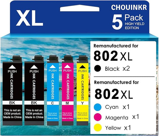 Remanufactured Ink Cartridges for Epson 802 802XL 5 Combo Pack (Black, Cyan, Magenta, Yellow) to use with Workforce Pro WF-4720 WF-4730 WF-4734 WF-4740 Printers