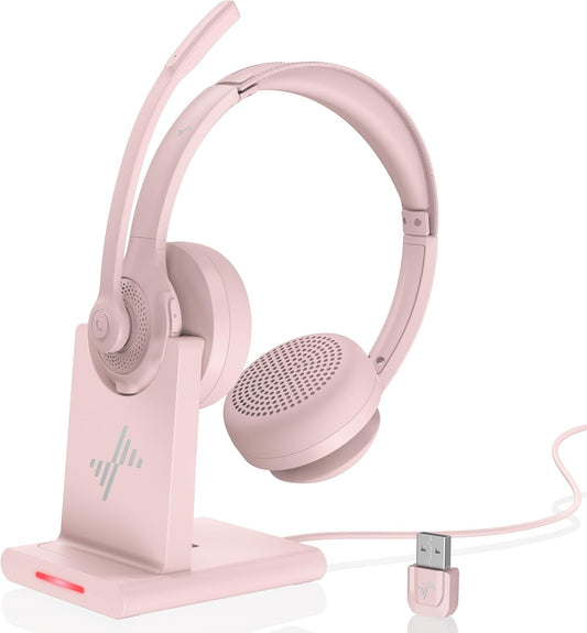 Wireless Headset with AI Noise Cancelling Microphone Bluetooth Headset - Bluetooth V5.2 Headphones with USB Dongle, Charging Base & Mic Mute for Computer/Laptop/PC/iPhone/Android/Cell Phones (Pink)