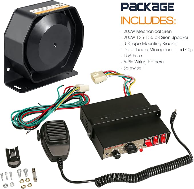 12V 200W 9 Tones Police Warning Emergency Siren PA System [Slim Speaker][125-135dB][Handheld Microphone][Hands-Free][2 x 10A Switches] for Firefighter Ambulance Vehicles Truck Car SUV ATV UTV